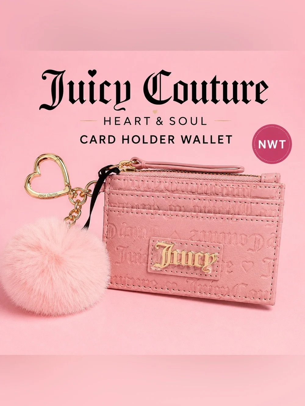 Juicy Couture Pink Card Holder with Fluffy Pom and Gold Hardware